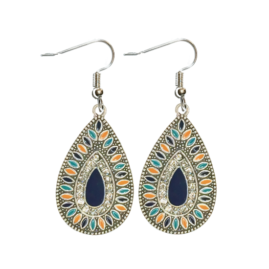Imagen de 1 Par de Aretes Alta Durabilidad Gota Grande 35x25mm C.Plateada Centro Azul Marino  e Incrustaciones Cristal Zirconia Para Toda Ocasion- LOPI/$ 