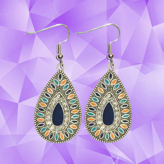 Imagen de 1 Par de Aretes Alta Durabilidad Gota Grande 35x25mm C.Plateada Centro Azul Marino  e Incrustaciones Cristal Zirconia Para Toda Ocasion- LOPI/$ 