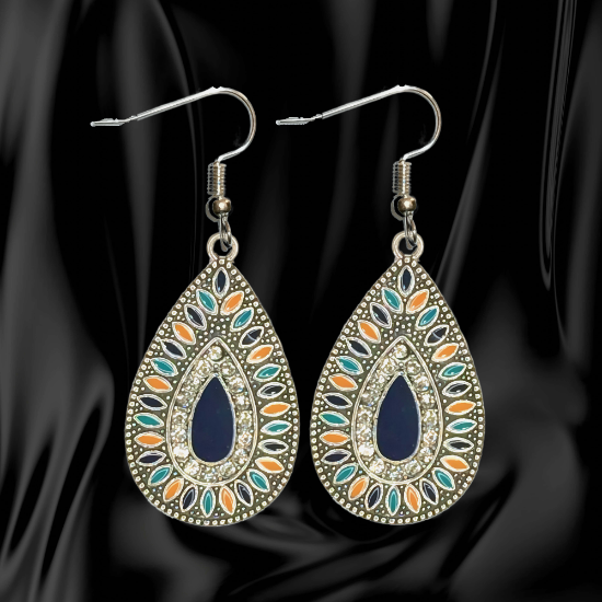 Imagen de 1 Par de Aretes Alta Durabilidad Gota Grande 35x25mm C.Plateada Centro Azul Marino  e Incrustaciones Cristal Zirconia Para Toda Ocasion- LOPI/$ 