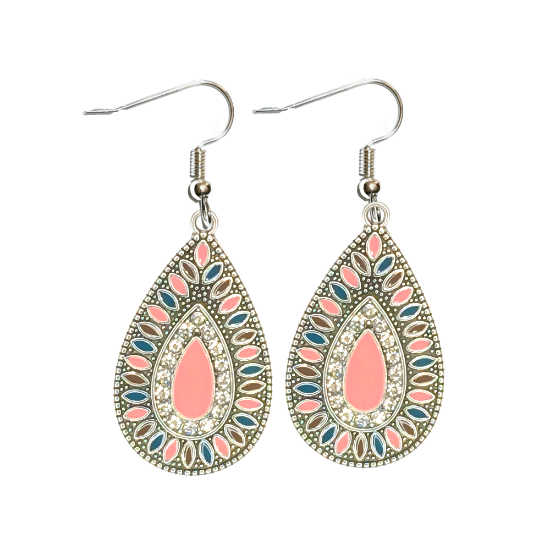 Imagen de 1 Par de Aretes Alta Durabilidad Gota Grande 35x25mm C.Plateada Centro Rosa e Incrustaciones Cristal Zirconia Para Toda Ocasion- LOPI/$