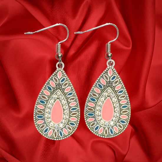 Imagen de 1 Par de Aretes Alta Durabilidad Gota Grande 35x25mm C.Plateada Centro Rosa e Incrustaciones Cristal Zirconia Para Toda Ocasion- LOPI/$
