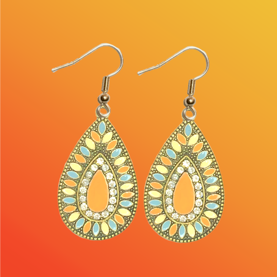 Imagen de 1 Par de Aretes Alta Durabilidad Gota Grande 35x25mm C.Dorado Centro Color Mamey e Incrustaciones Cristal Zirconia Para Toda Ocasion- LOPI/$