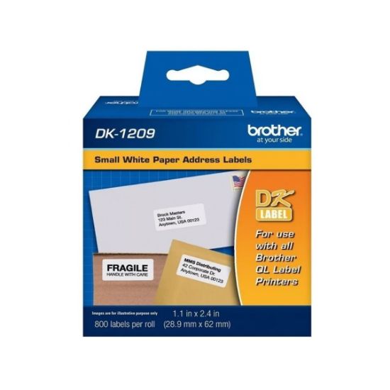 Imagen de Etiqueta blanca papel Brother DK1209 800 etiquetas 28.9mm ancho x 62mm largo Impresión negro QL800
