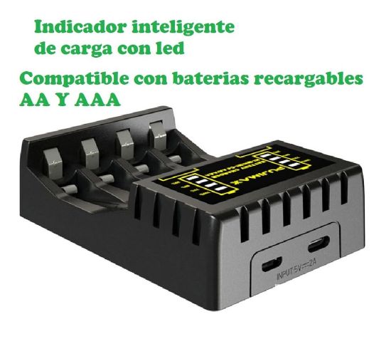 Imagen de CARGADOR BATERIAS AA AAA RECARGABLES NEGRO PANTALLA LED INDICADOR USB MICRO USB TIPO C LCD CABLE
