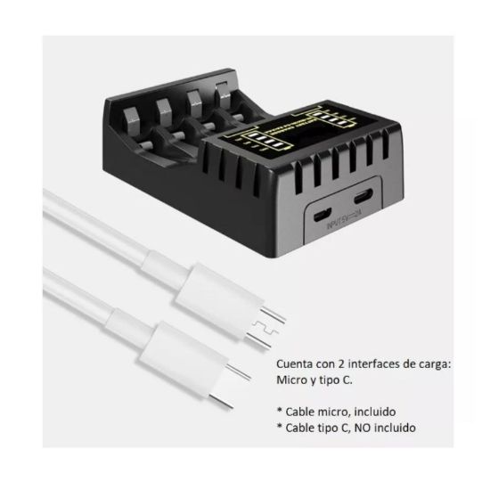 Imagen de CARGADOR BATERIAS AA AAA RECARGABLES NEGRO PANTALLA LED INDICADOR USB MICRO USB TIPO C LCD CABLE