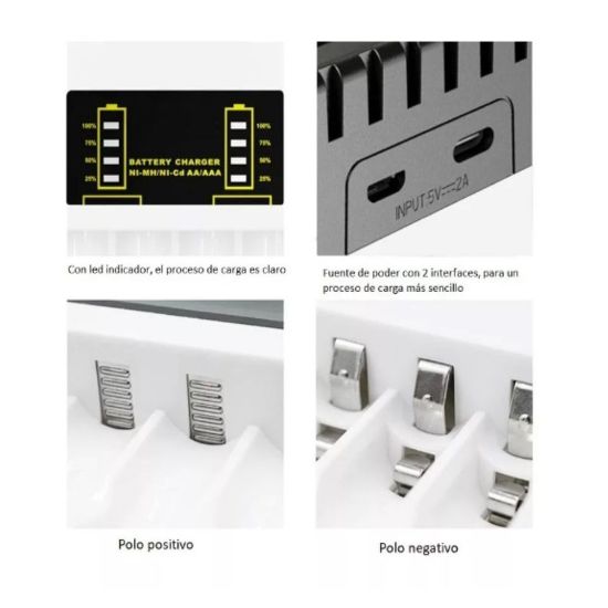 Imagen de CARGADOR BATERIAS AA AAA RECARGABLES NEGRO PANTALLA LED INDICADOR USB MICRO USB TIPO C LCD CABLE