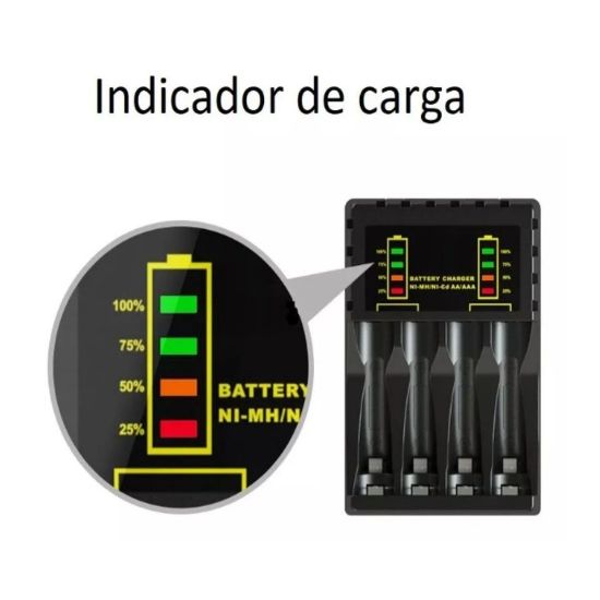 Imagen de CARGADOR BATERIAS AA AAA RECARGABLES NEGRO PANTALLA LED INDICADOR USB MICRO USB TIPO C LCD CABLE