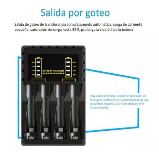 Imagen de CARGADOR BATERIAS AA AAA RECARGABLES NEGRO PANTALLA LED INDICADOR USB MICRO USB TIPO C LCD CABLE