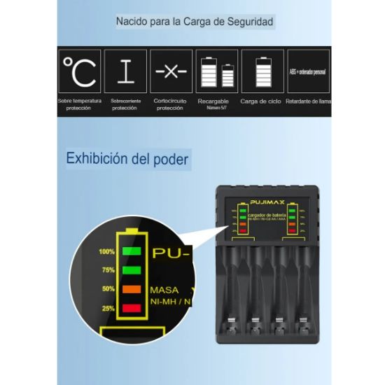 Imagen de CARGADOR BATERIAS AA AAA RECARGABLES NEGRO PANTALLA LED INDICADOR USB MICRO USB TIPO C LCD CABLE