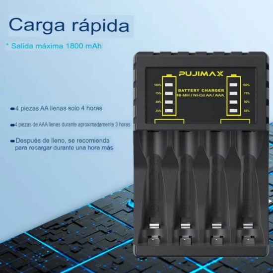 Imagen de CARGADOR BATERIAS AA AAA RECARGABLES NEGRO PANTALLA LED INDICADOR USB MICRO USB TIPO C LCD CABLE