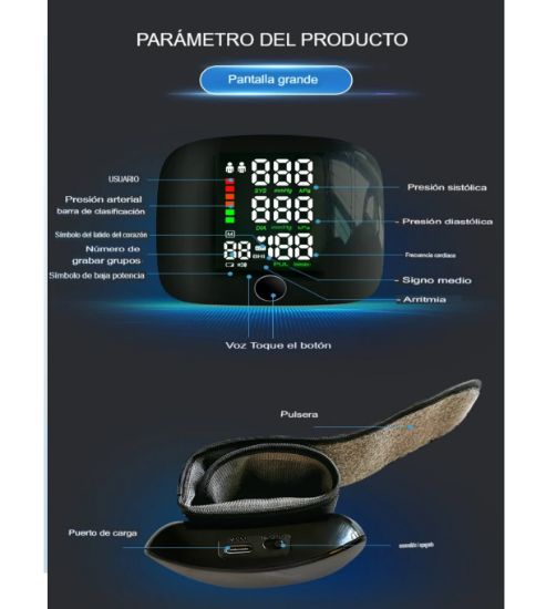Imagen de Monitor de presión arterial muñeca voz recargable USB pantalla led Touch pulsera digital familiar