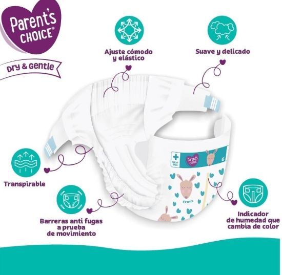 Imagen de Pañales para Bebé Parents Choice + DRY & GENTLE Etapa 6 Unisex 132 Piezas