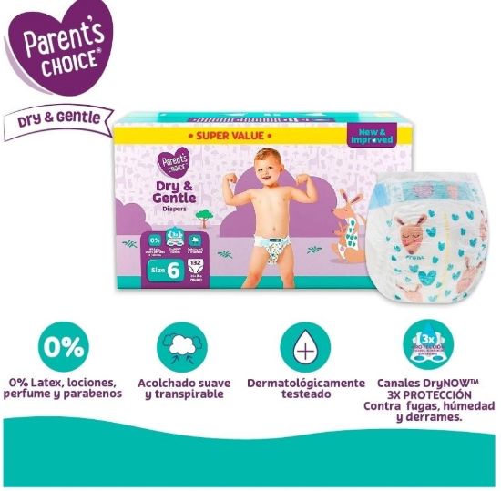 Imagen de Pañales para Bebé Parents Choice + DRY & GENTLE Etapa 6 Unisex 132 Piezas