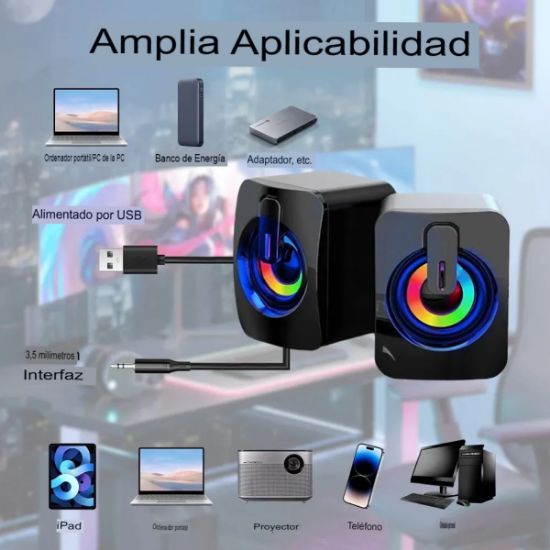 Imagen de Bocinas mini altavoz portátil USB audio PC lap teléfono luces RGB volumen 3,5mm estéreo HiFi LED