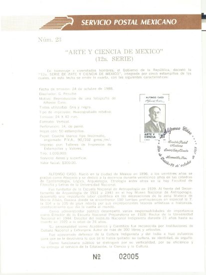 Imagen de HOJA CARNET PRIMER DIA 1988 ARTE Y CIENCIA DE MEXICO ALFONSO CASO