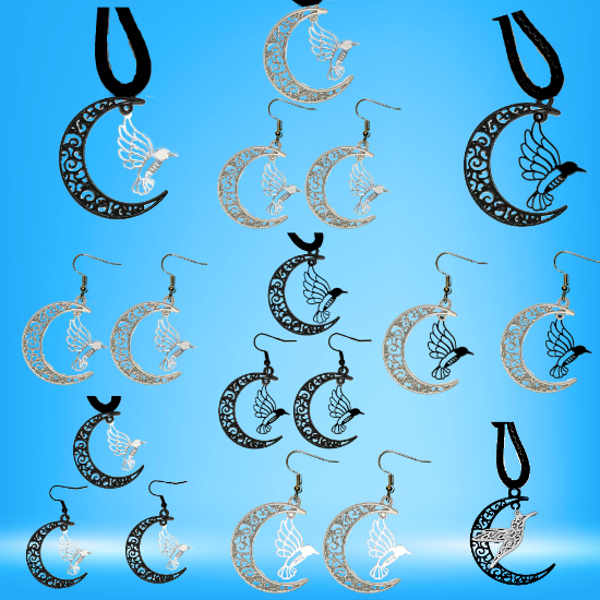 Imagen de Hermoso Colibri Silueta Grande Alta Durabilidad en Luna Creciente 41x31mm en Aretes, Collar o Juego (Aretes+Collar)+9 Combinaciones y Modelos para Escoger x1col-Lopi-12V