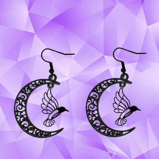 Imagen de Hermoso Colibri Silueta Grande Alta Durabilidad en Luna Creciente 41x31mm en Aretes, Collar o Juego (Aretes+Collar)+9 Combinaciones y Modelos para Escoger x1col-Lopi-12V