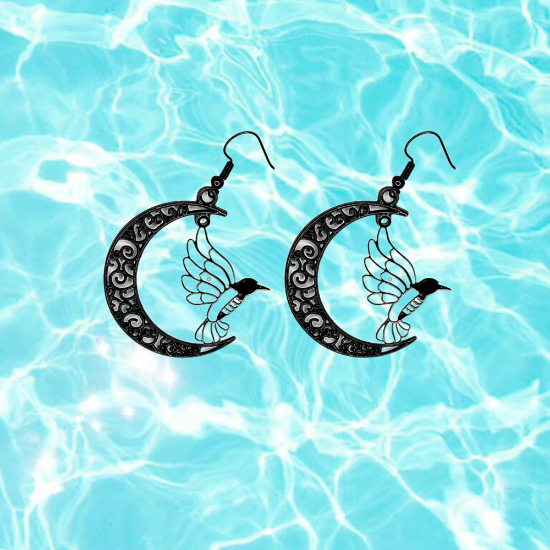 Imagen de Hermoso Colibri Silueta Grande Alta Durabilidad en Luna Creciente 41x31mm en Aretes, Collar o Juego (Aretes+Collar)+9 Combinaciones y Modelos para Escoger x1col-Lopi-12V