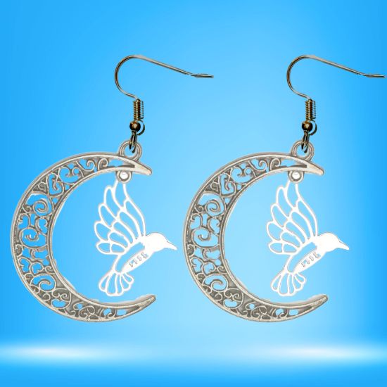 Imagen de Hermoso Colibri Silueta Grande Alta Durabilidad en Luna Creciente 41x31mm en Aretes, Collar o Juego (Aretes+Collar)+9 Combinaciones y Modelos para Escoger x1col-Lopi-12V