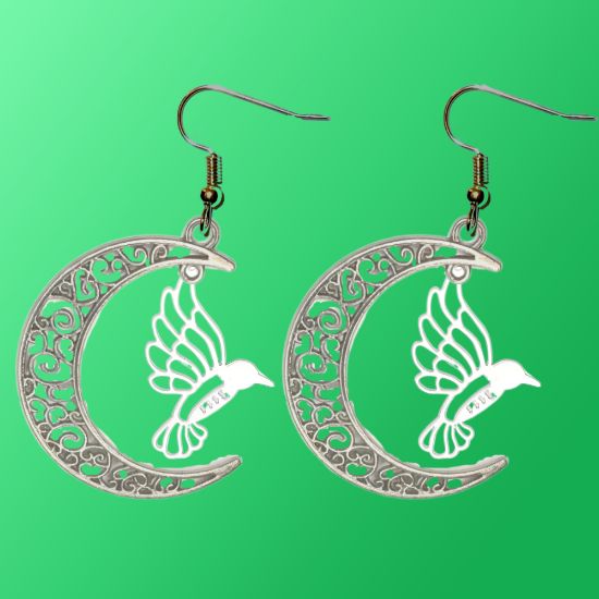 Imagen de Hermoso Colibri Silueta Grande Alta Durabilidad en Luna Creciente 41x31mm en Aretes, Collar o Juego (Aretes+Collar)+9 Combinaciones y Modelos para Escoger x1col-Lopi-12V