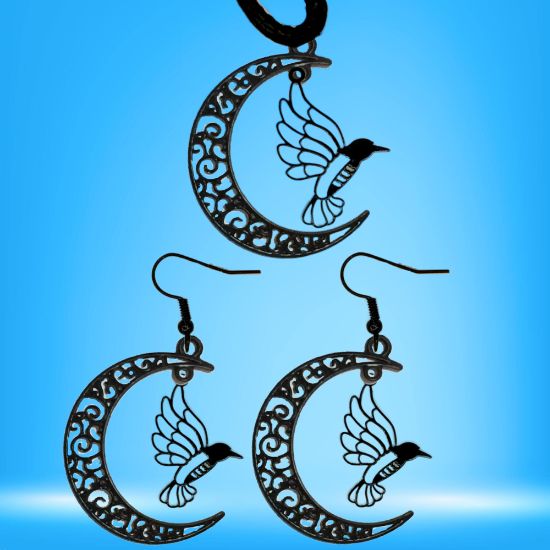 Imagen de Hermoso Colibri Silueta Grande Alta Durabilidad en Luna Creciente 41x31mm en Aretes, Collar o Juego (Aretes+Collar)+9 Combinaciones y Modelos para Escoger x1col-Lopi-12V