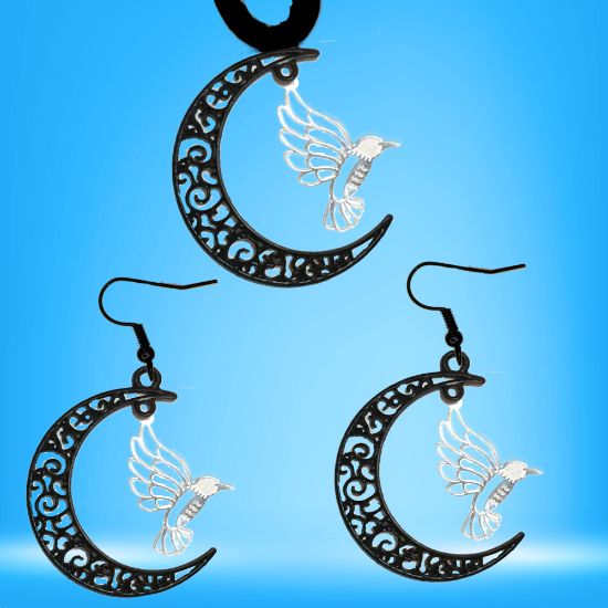 Imagen de Hermoso Colibri Silueta Grande Alta Durabilidad en Luna Creciente 41x31mm en Aretes, Collar o Juego (Aretes+Collar)+9 Combinaciones y Modelos para Escoger x1col-Lopi-12V