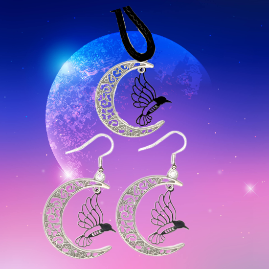 Imagen de Hermoso Colibri Silueta Grande Alta Durabilidad en Luna Creciente 41x31mm en Aretes, Collar o Juego (Aretes+Collar)+9 Combinaciones y Modelos para Escoger x1col-Lopi-12V