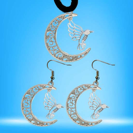 Imagen de Hermoso Colibri Silueta Grande Alta Durabilidad en Luna Creciente 41x31mm en Aretes, Collar o Juego (Aretes+Collar)+9 Combinaciones y Modelos para Escoger x1col-Lopi-12V