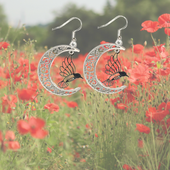 Imagen de Hermoso Colibri Silueta Grande Alta Durabilidad en Luna Creciente 41x31mm en Aretes, Collar o Juego (Aretes+Collar)+9 Combinaciones y Modelos para Escoger x1col-Lopi-12V