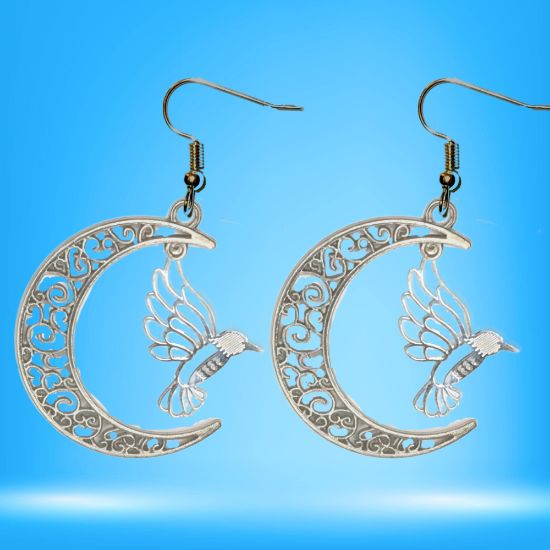 Imagen de Hermoso Colibri Silueta Grande Alta Durabilidad en Luna Creciente 41x31mm en Aretes, Collar o Juego (Aretes+Collar)+9 Combinaciones y Modelos para Escoger x1col-Lopi-12V