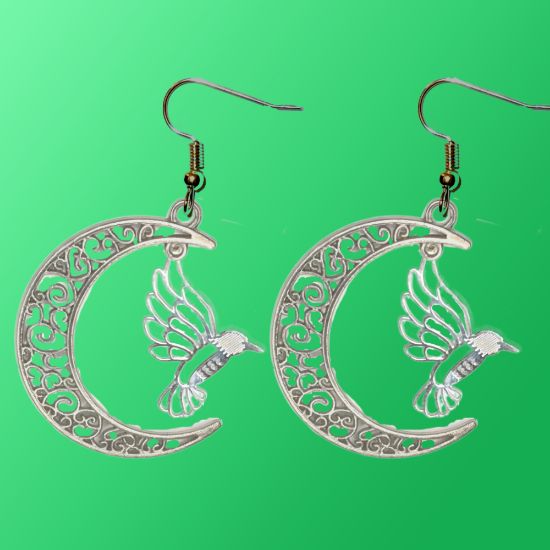 Imagen de Hermoso Colibri Silueta Grande Alta Durabilidad en Luna Creciente 41x31mm en Aretes, Collar o Juego (Aretes+Collar)+9 Combinaciones y Modelos para Escoger x1col-Lopi-12V