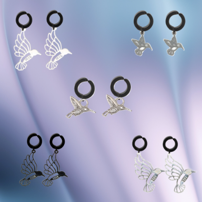 Imagen de 1 Par de Bonitos Colibries en Aretes Negros Falsos o Arracadas Negras Falsas Acero  Alta Durabilidad +5 Modelos y Colores para Escoger X1-9