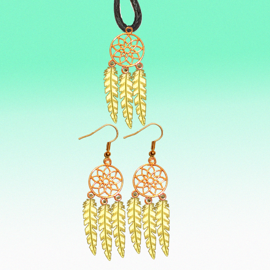 Imagen de Juego de Atrapasueños Color Dorado (Aretes+ Collar) Con Plumas de Diferentes Color Alta Durabilidad + 10 Modelos  para Escoger x1-10