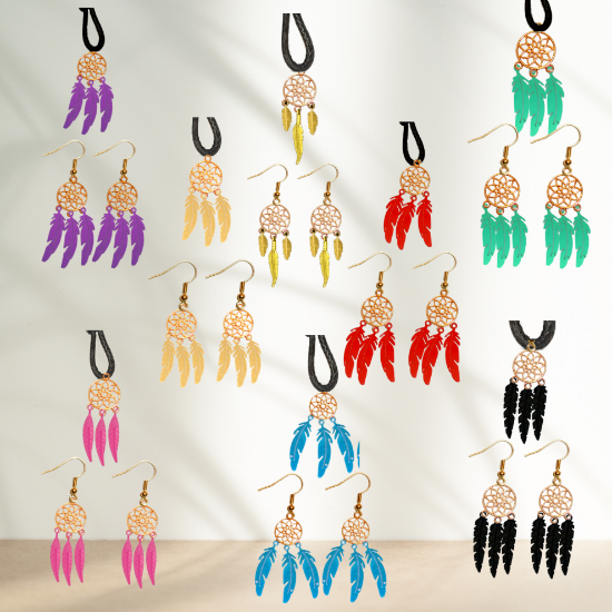 Imagen de Juego de Atrapasueños Color Dorado (Aretes+ Collar) Con Plumas de Diferentes Color Alta Durabilidad + 10 Modelos  para Escoger x1-10