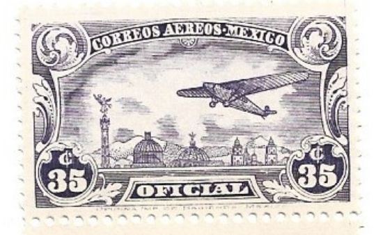 Imagen de ESTAMPILLA AEREA OFICIAL 1930 BIPLANO SOBRE CDMX  35 C VIOLETA