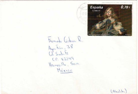 Imagen de SOBRE CIRCULADO DE ESPAÑA A MEXICO 2008 ESTAMPILLA  DETALLE PINTURA DE DIEGO VELAZQUEZ