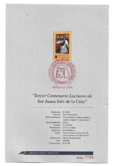 Imagen de HOJA PRIMER DIA EMISION ESTAMPILLA SOR JUANA INES DE LA CRUZ 1995
