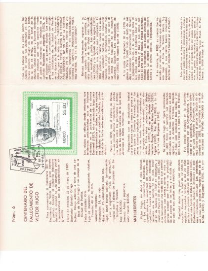 Imagen de HOJA PRIMER DIA EMISION VICTOR HUGO 1985 ESTAMPILLA EMITIDA POR MEXICO