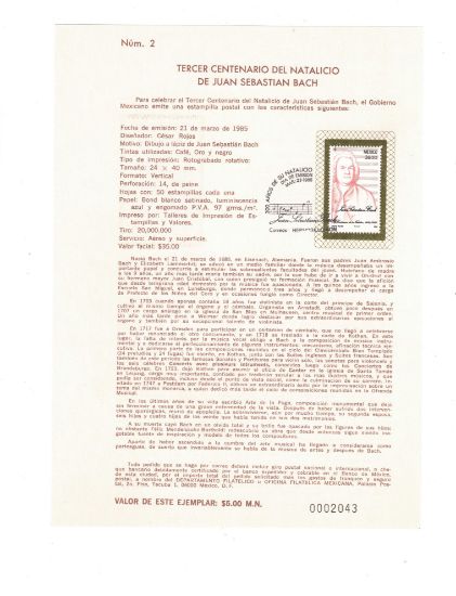 Imagen de HOJITA PRIMER DIA EMISION ESTAMPILLA MEXICANA TRICENTENARIO DE JUAN SEBASTIAN BACH 1985