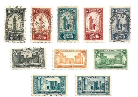 Imagen de ANTIGUAS ESTAMPILLAS USADAS DE MARRUECOS 1923 CASTILLOS MEZQUITAS Y PUERTAS USADAS