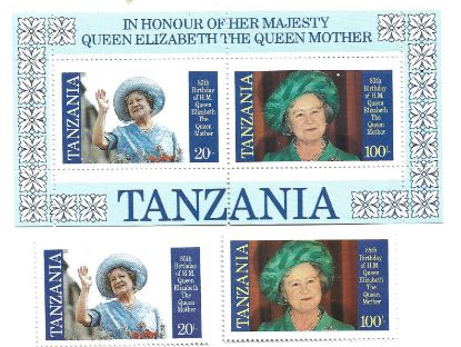 Imagen de HOJITA Y ESTAMPILLAS TANZANIA 85 ANIVERSARIO DE LA REINA ISABEL MADRE 1985