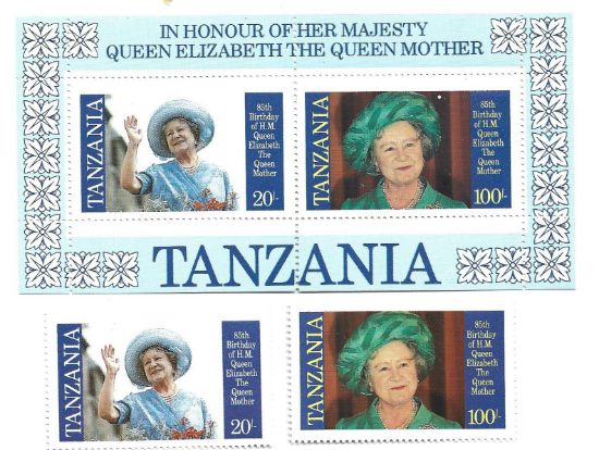 Imagen de HOJITA Y ESTAMPILLAS TANZANIA 85 ANIVERSARIO DE LA REINA ISABEL MADRE 1985