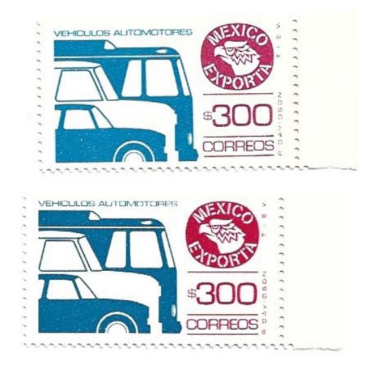 Imagen de ESTAMPILLA SERIE MEXICO EXPORTA VEHICULOS $300 10MA SERIE AZUL CLARO Y AZUL OSCURO NUEVAS