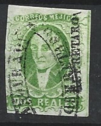 Imagen de PRIMERA ESTAMPILLA MEXICANA DOS REALES VERDE HIDALGO DIST. QUERETARO 1856 USADA