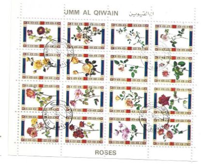 Imagen de HOJITA ESTAMPILLAS DEL EMIRATO ARABE DE UMM AL QWAIN ROSAS USADA