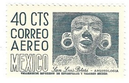 Imagen de ESTAMPILLA SERIE ARQUEOLOGIA AEREA 40C ESTATUILLA ORJON TAMUIN SAN LUIS POTOSI FOSFORESCENTE 1955 NUEVA PERF 11