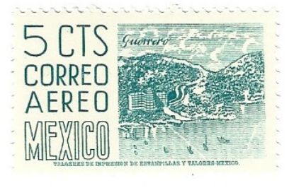 Imagen de ESTAMPILLA SERIE ARQUITECTURA 1955 BAHIA DE ACAPULCO GUERRERO 5C AEREA NO LUMINISCENTE WK 300 VERT PERF 11 1/2 POR 11 NUEVA