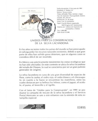 Imagen de HOJA PRIMER DIA EMISION CONSERVACION SELVA LACANDONA FAUNA JAGUAR 1991