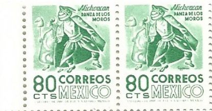 Imagen de PAR ESTAMPILLAS SERIE ARQUEOLOGIA DANZA MOROS MICHOACAN 80C FOSFORESCENTE  SIN MARCA DE AGUA 