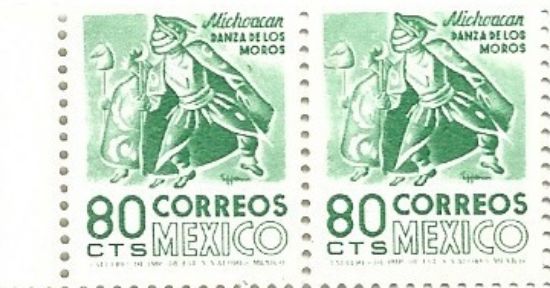 Imagen de PAR ESTAMPILLAS SERIE ARQUEOLOGIA DANZA MOROS MICHOACAN 80C FOSFORESCENTE  SIN MARCA DE AGUA 